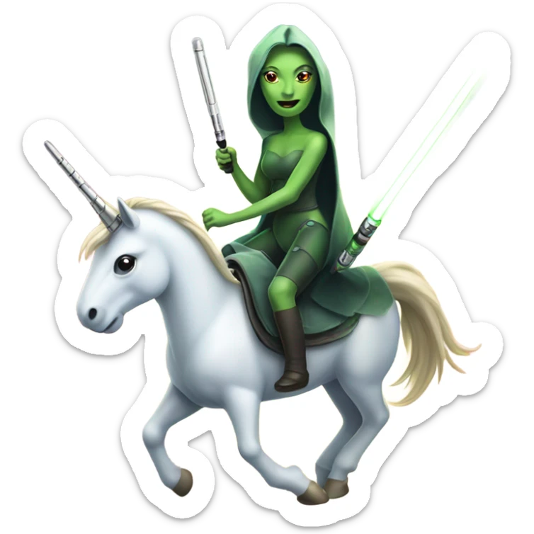 a unicorn with a green alien woman on it holding a lightsaber sticker
