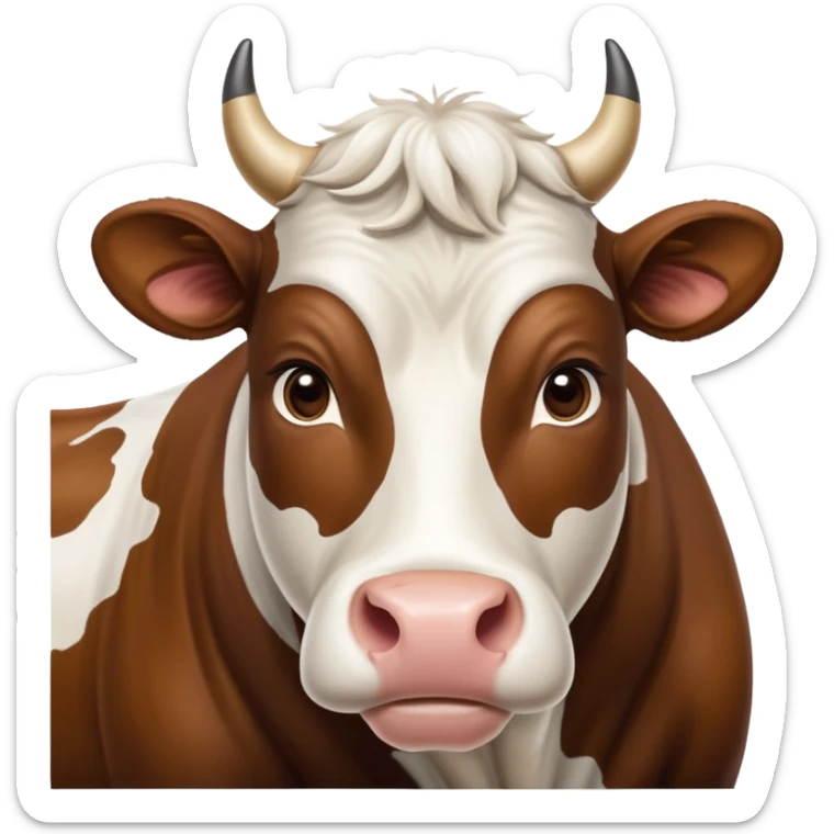 cinematic-noble-brown-and-white-cow-portrait-emoji,-poised-and-regal,-with-a-large,-sturdy-build-and-a-beautifully-patterned-hide-of-rich-brown-accented-by-crisp-white-patches,-deep-set-soulful-brown-eyes,-simplified-yet-sharp-and-sophisticated sticker
