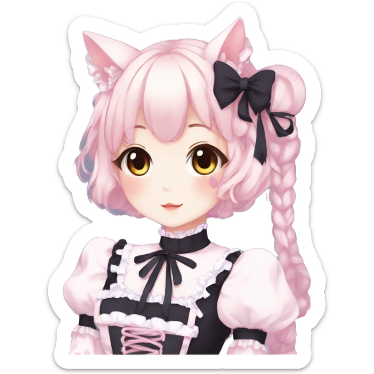 Gorgeous anime style catgirl with blushing face with maid outfit laces gothic Lolita idol model kawaiicore pastelcore cottagecore pearly petite simplistic aesthetic trending style sticker