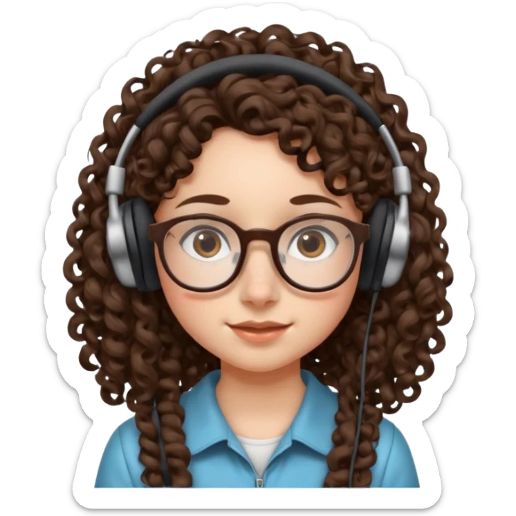 brunette kid with unique face features and very curly long hair kid girl neutral and big glasess and big nose and dark eyes with freckles kind of nerd looking and headphone wearing sticker