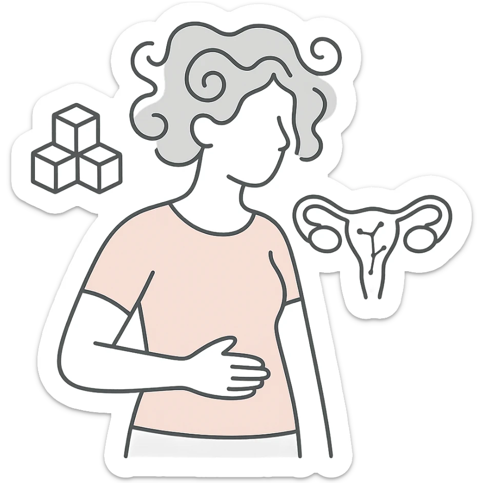 minimalist medical pastel illustration of a female silhouette with abstract PCOS symptoms including swirling hair, sugar cubes, constellation-like ovaries sticker