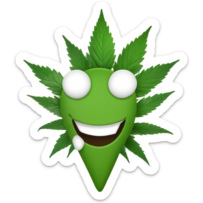 n emoji souriant, yeux mi-clos et détendus, avec une feuille de cannabis stylisée à côté, mais sans fumée ni joint visible. sticker