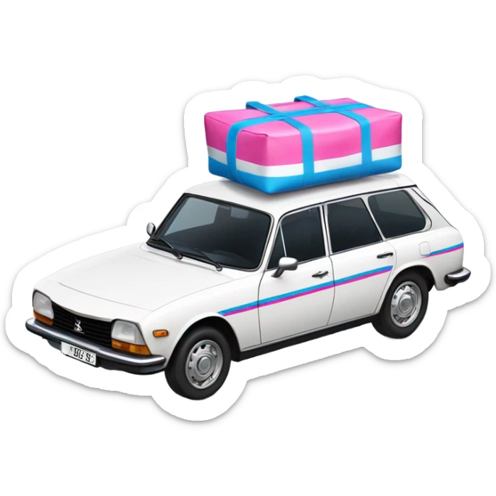 a white peugeot 504 break car with stripped pink and blue bags on the roof sticker