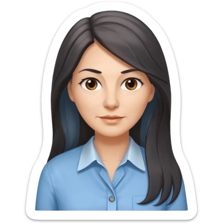 vit 50-årig kvinna med jättelångt mörkbrunt hår med grå/vita slingor bruna ögon ljusblå skjorta med översta knappen uppknäppt sticker