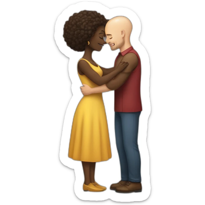 a hug from a black woman in a tight dress to a white man with no hair and a beard sticker