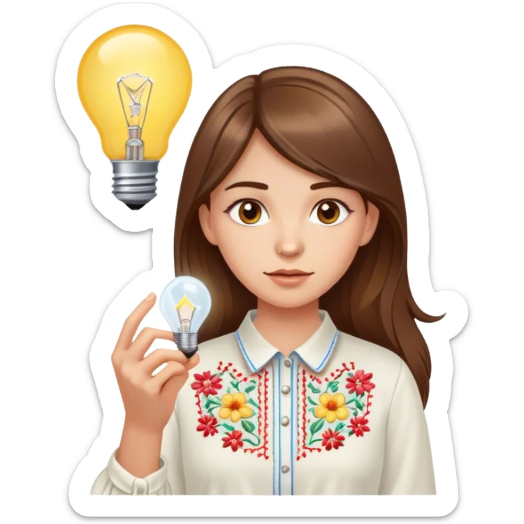 A Ukrainian girl with brown hair in an embroidered shirt holds a light bulb sticker