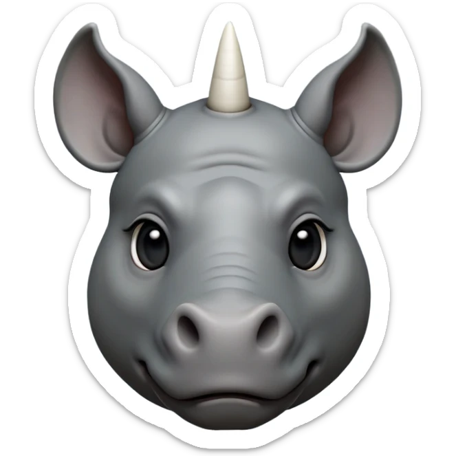 cinematic-noble-cute-rhinoceros-portrait-emoji,slate-grey-hide-poised-and-regal,-with-a-massive,-powerful-build-and-a-thick,--deep-set-soulful-piercing-eyes,-simplified-yet-sharp-and-sophisticated-features,-highly-detailed,-large-black-eyes, white horn, front facing, zoomed out showing shoulders sticker