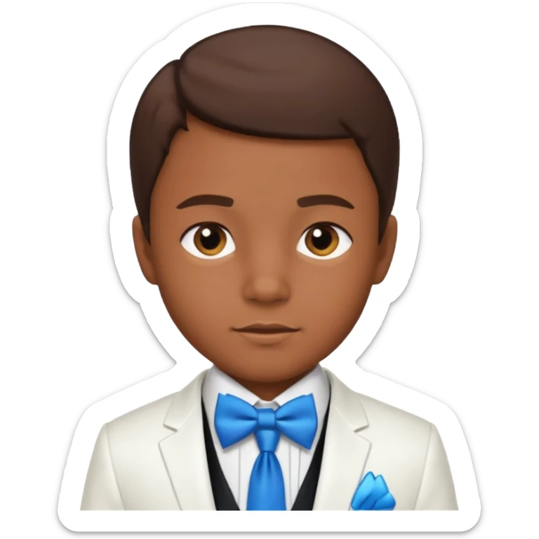 A boy with dark brown skin and I little bit of brown hair and a white tuxedo with a blue tie sticker