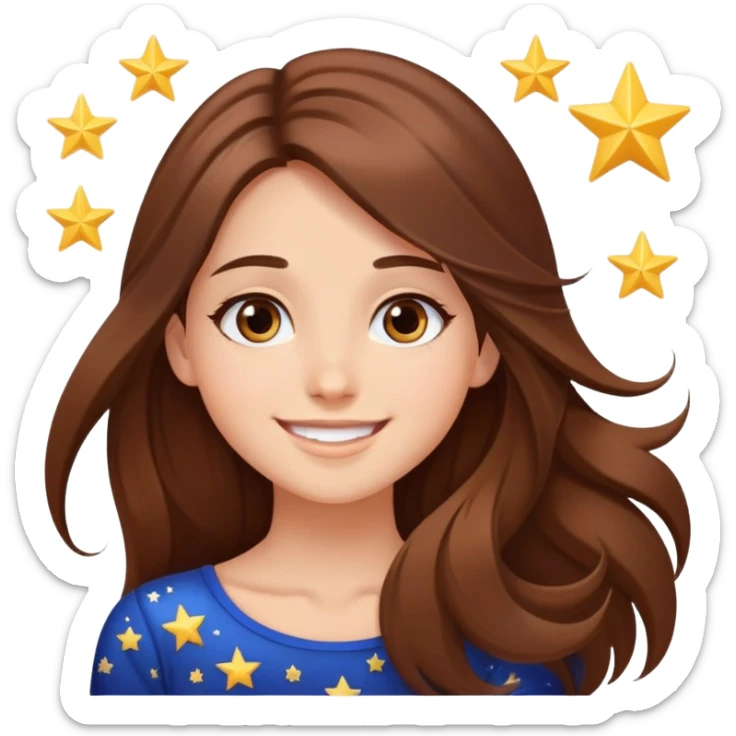 girl with long brown hair, stars in her eyes, brown eyes, beautiful smile, arms in the sky  sticker