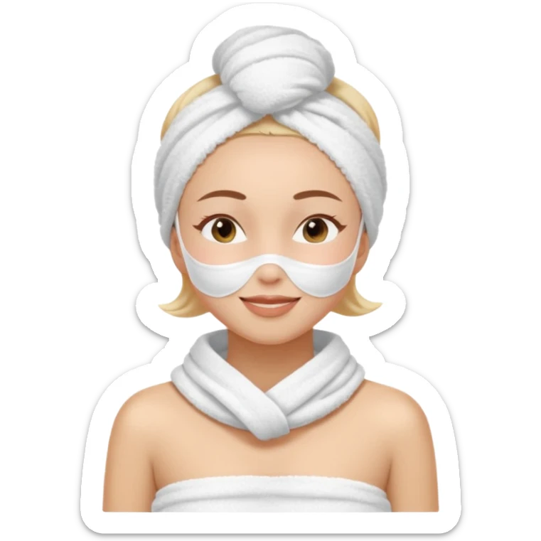 cute girl with her eyes closed and smiling, wearing a white spa towel as her clothes in she has a white spa towel on her head, white face skincare mask sticker
