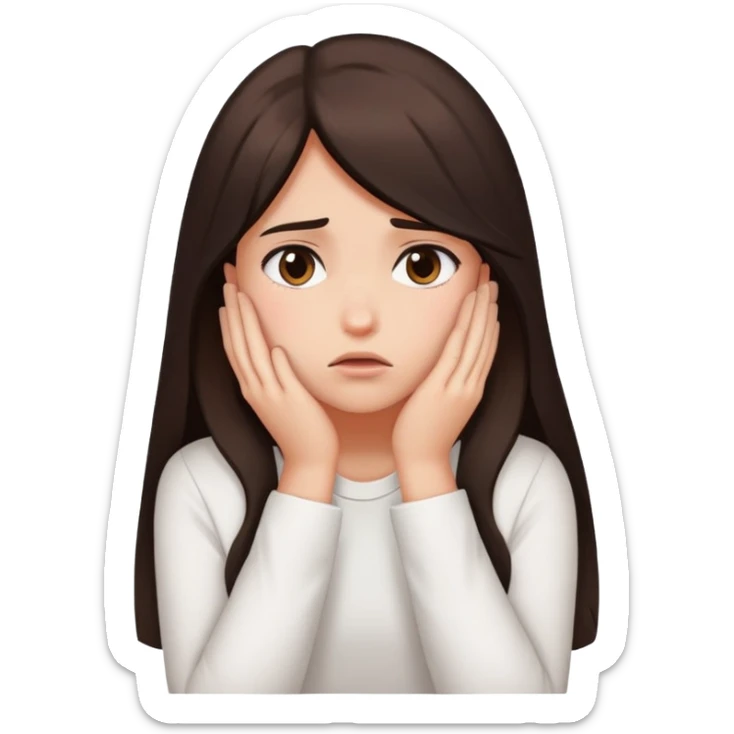  girl ashamed of herself of hiding face in hands with long dark brown hair and a white shirt  sticker