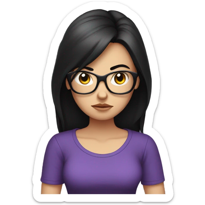 Angry scowling white girl, purple t-shirt, long black hair, wearing glasses, with arms crossed over chest. sticker