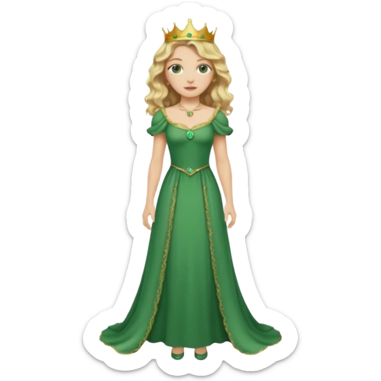 Queen, crown, blonde wavy hair, green eyes, long green narrpw dress, whole Body, sticker