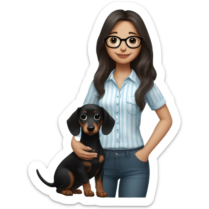 brunette girl with long hair,black glasses a light blue and white shirt with thin vertical stripes, holding a black dachshund puppy in her arms sticker