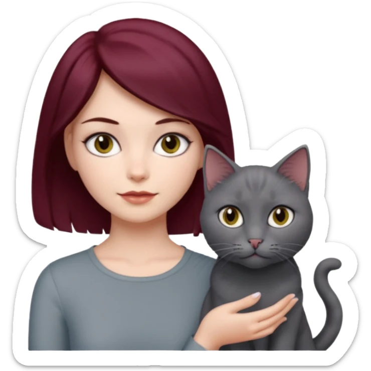 femme au cheveux court bordeau, yeux gris,  avec chat poils longs gris clair et chat poils ras noirs sticker
