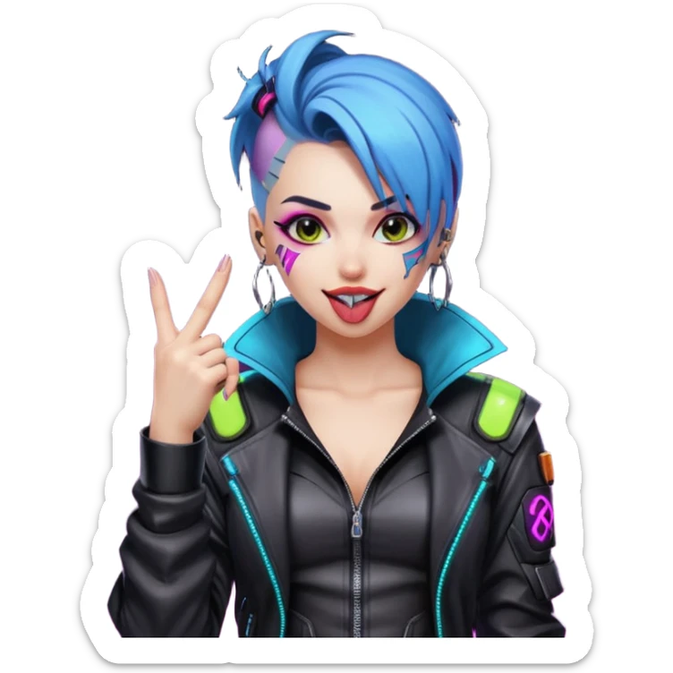 Woman with her tongue out in cyberpunk clothing and giving the middle finger. Looking naughty. sticker