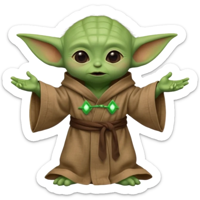 Full-body image of Baby Yoda in his brown linen robes at a music and art workshop sticker