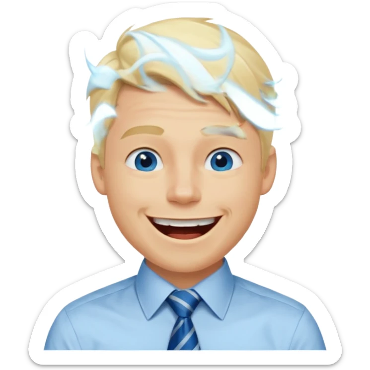 A 27 year old guy with blonde hair and blue eyes that looks masculine. make him wear a shirt with a tie. he is danish. He is laughing extremely hard. More extreme expression sticker