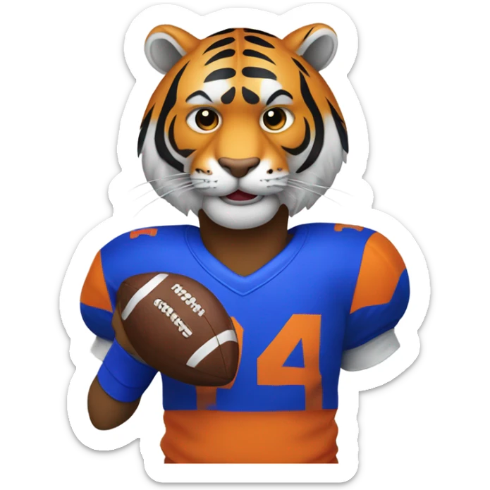 A tiger with a football and is wearing royal blue and orange sticker