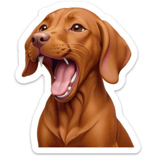 Cinematic Cute Yawning Vizsla Portrait Emoji, Head tilted slightly with a dramatic, wide-open yawn, showcasing a smooth rust and gold Fur with a subtle shimmer, floppy ears slightly drooping, round amber eyes barely open in drowsy contentment, Simplified yet irresistibly adorable features, highly detailed, glowing with a soft, cozy glow, high shine, relaxed yet expressive, stylized with a touch of whimsy, bright and endearing, soft glowing outline, capturing the essence of a sleepy yet affectionate companion, so drowsy it feels like it could stretch out of the screen and curl up for a nap! sticker