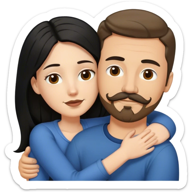 a short white girl with long black hair hugging a tall white guy with brown hair goatee mustache sticker