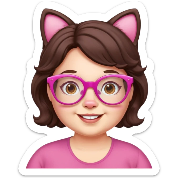 happy chubby English teacher face, pink cat glasses, wavy dark brown hair, online class setting sticker