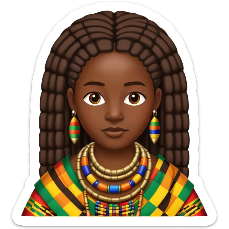 African person wearing traditional colorful Kente cloth and beaded jewelry sticker
