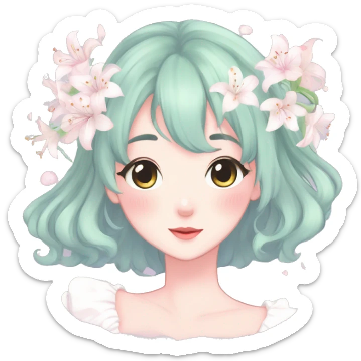 Gorgeous pastel anime style lady with blushing face and lilies cottagecore fairycore pastelcore colorful pearly romantic simplistic aesthetic trending style sticker