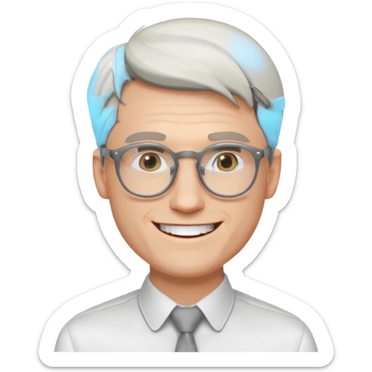 30 yr old pale white man, white/grey side swept stylish hair, round glasses, big smile, white teeth, handsome, longer hair, thin glasses, white dress shirt, smooth forhead sticker