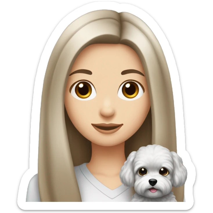 Caucasian Brunette girl long straight hair and hazel eyes holding a silver maltipoo sticker