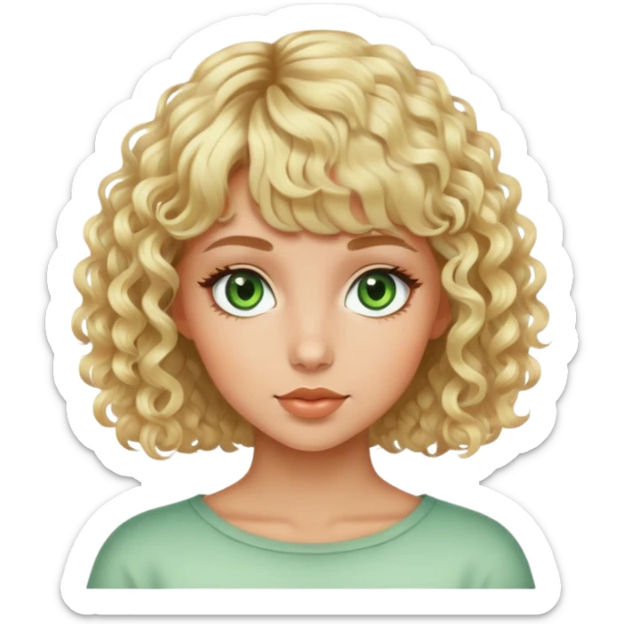 Beautiful girl, blonde hair, curly hair, short hair, with bangs, tan skin, green eyes sticker