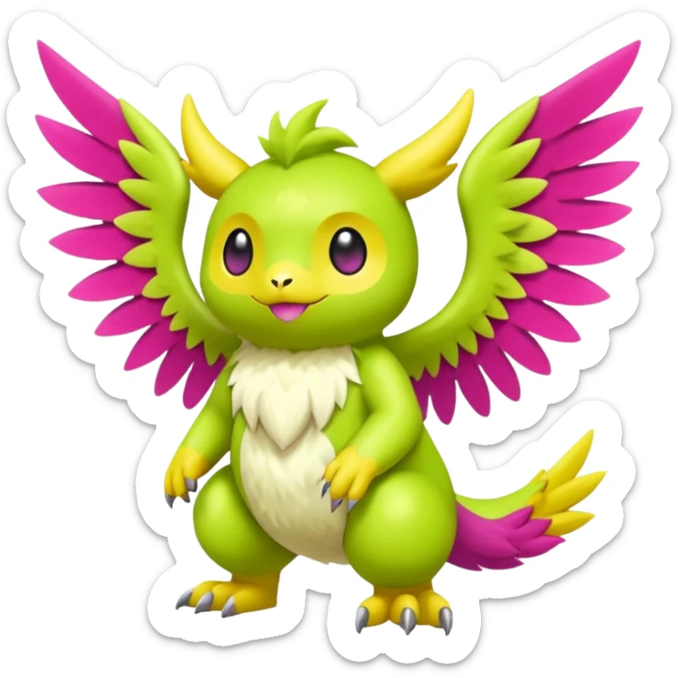 Lime-green and Yellow and Magenta furry cute kawaii winged Fakémon-Pokémon-Scalie-Digimon-creature (full body) sticker