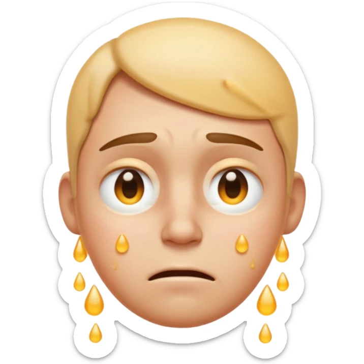 Apple-style emoji illustration of a person, overheated face with sweat drops, expression annoyed, half-closed exhausted eyes, soft 3D emoji style, smooth gradients, rounded shapes, simple expression, centered composition. sticker