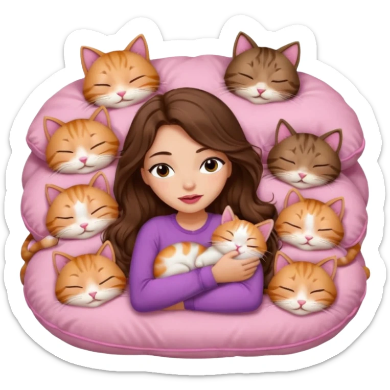 girl with long wavy brown hair, brown eyes, long lashes makeup, sexy pink lips, light to medium complexion, sleeping on a cozy pillow, with 6 cute cats, sleeping sticker