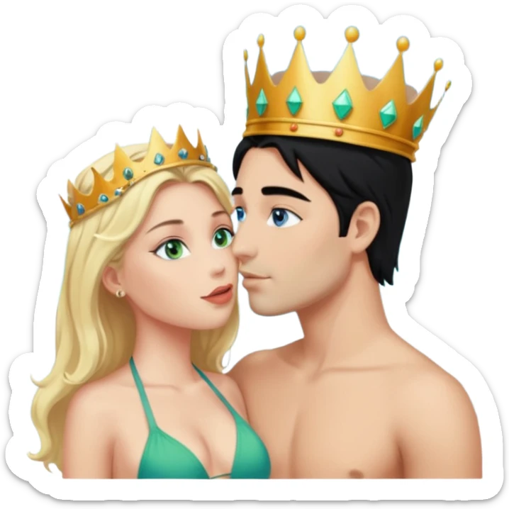 Blonde Queen with crownGreen eyes in Bikini kissing Male subject without crown black hair blue eyes Background clouds sticker