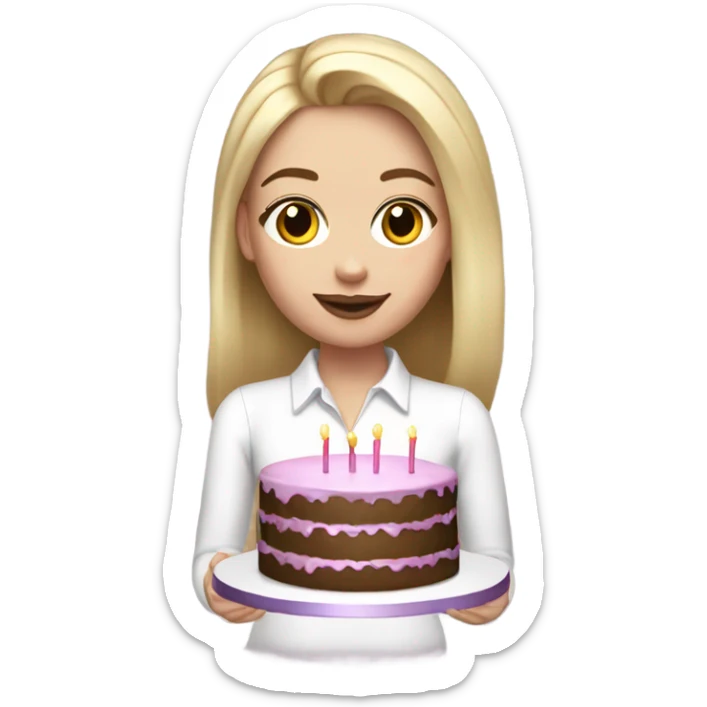 White girl with blonde straight hair, mauve lips, white shirt, birthday cake in hands sticker