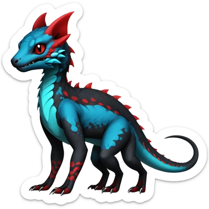 Rare realistic exotic edgy dark gothic gloomy spooky black and red/blue/cyan epic pretty beautiful handsome gorgeous aesthetic colorful vibrant Vernid-Trico-species-Fakemon-Salandit-hybrid-creature by LiLaiRa, 4 legs, 1 tail, random markings, (full body) sticker