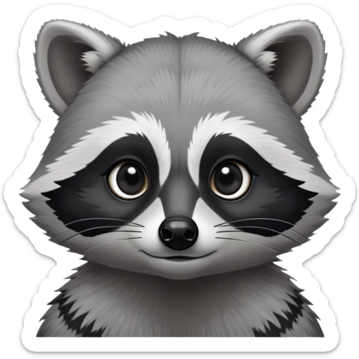 Cinematic-Noble-Raccoon-Portrait-Emoji – Poised and confident, with a sturdy build and a beautifully textured fur of silver-grey accented by dark black facial markings, deep-set, large big black eyes revealing no white, simplified yet sharp and sophisticated zoom out to show shoulders sticker