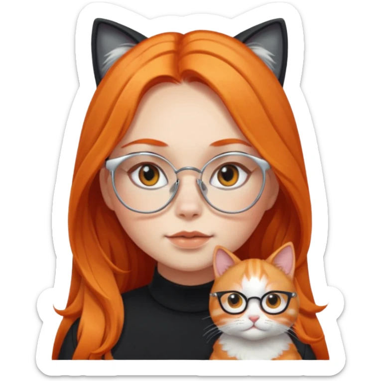 girl with chubby cheeks, very long orange hair, and silver cat eye glasses. Black clothes sticker