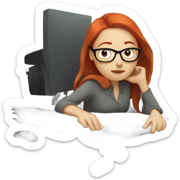 red hair woman nutritionist wearing glasses sleeping desk monitor stack paper sticker