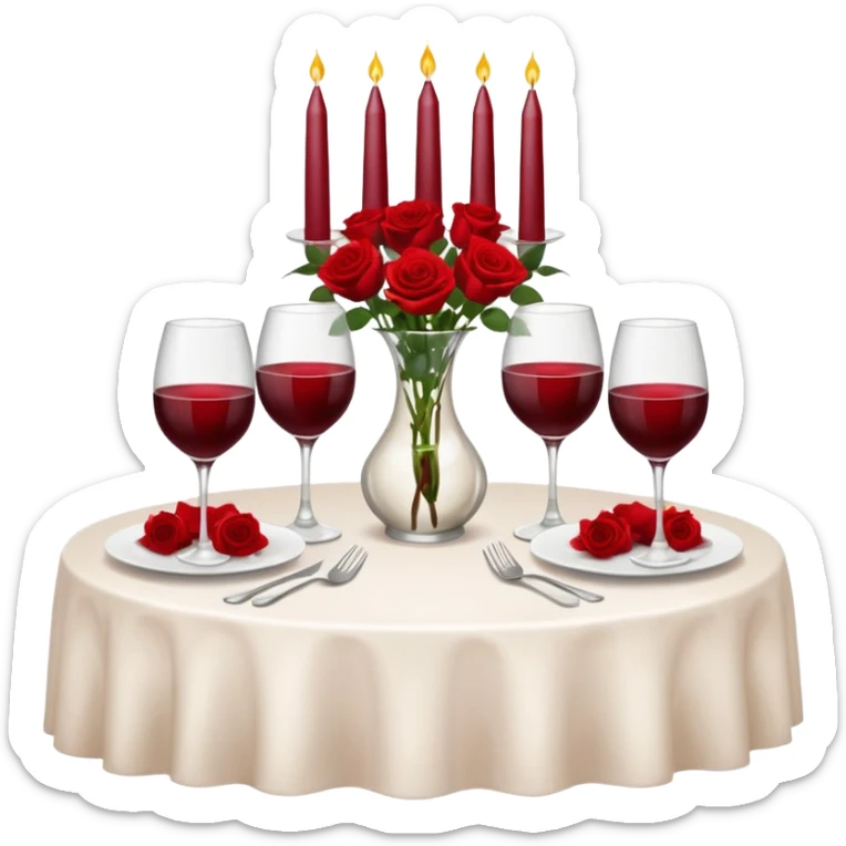  romantic table set for two with roses in a vase of water and 2 glasses of red wine sticker