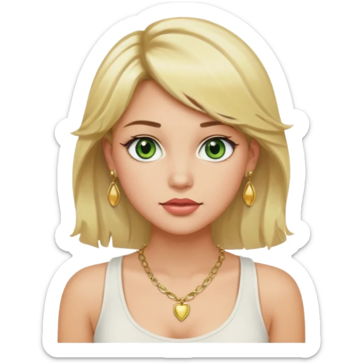 Girl with green eyes, blonde slightly wavy hair, sideswept bangs, darker roots, white but a bit tan, wearing white tank top, golden necklace and gold earrings, rosy cheeks and blushed lips sticker
