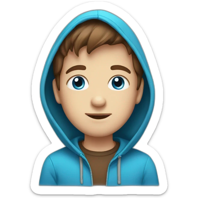 Boy with blue eyes and brown hair and braces wearing a hoodie sticker