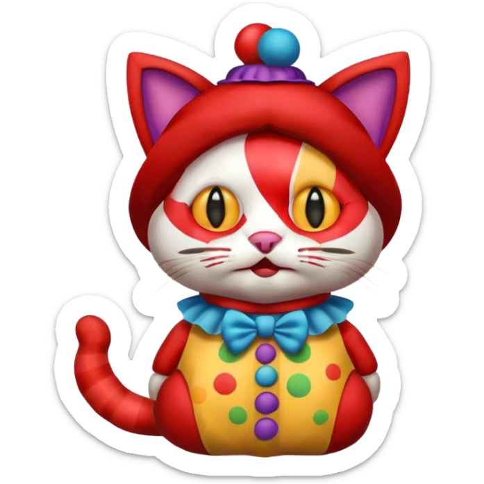a teddy bear emoji but instead of being a bear it's a cat with a clown costume sticker