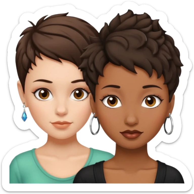 white woman brunette with a pixie hairstyle and black woman with locks and a piercing on the nose sticker