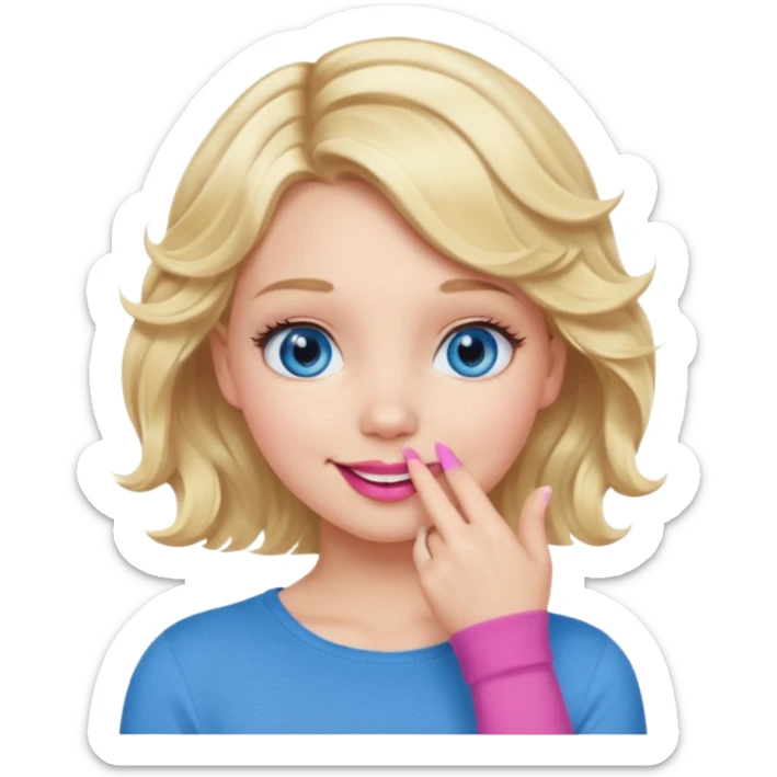 Girl Blonde short wavy hair,  blue eyes, cute blue top, long lashes, pink lips, smiling, hand over the mouth sticker