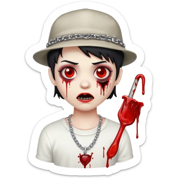 stylized zombie with black short hair, bloody eyes, white t-shirt, blood on mouth, chain, and LA hat, emoji style sticker