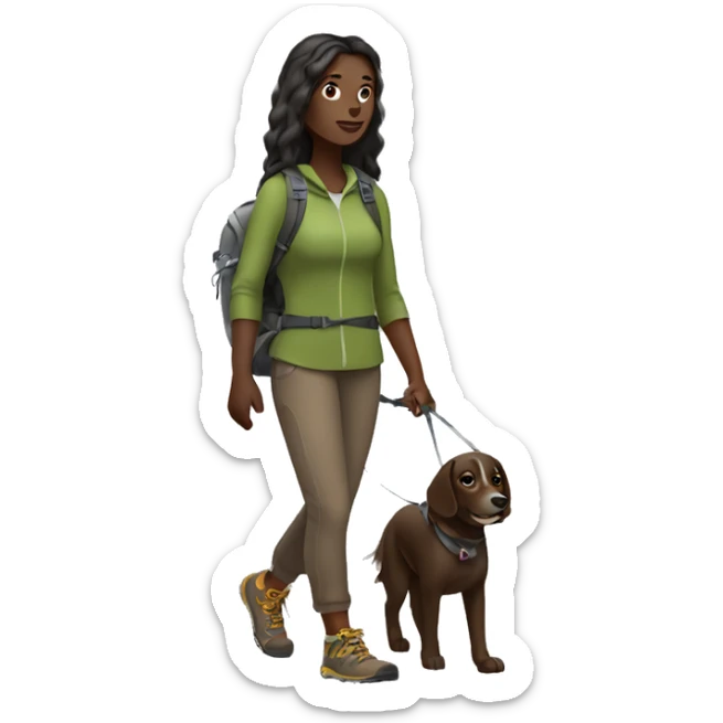 Dark skin woman long hair hiking with dog facing frontward full body sticker