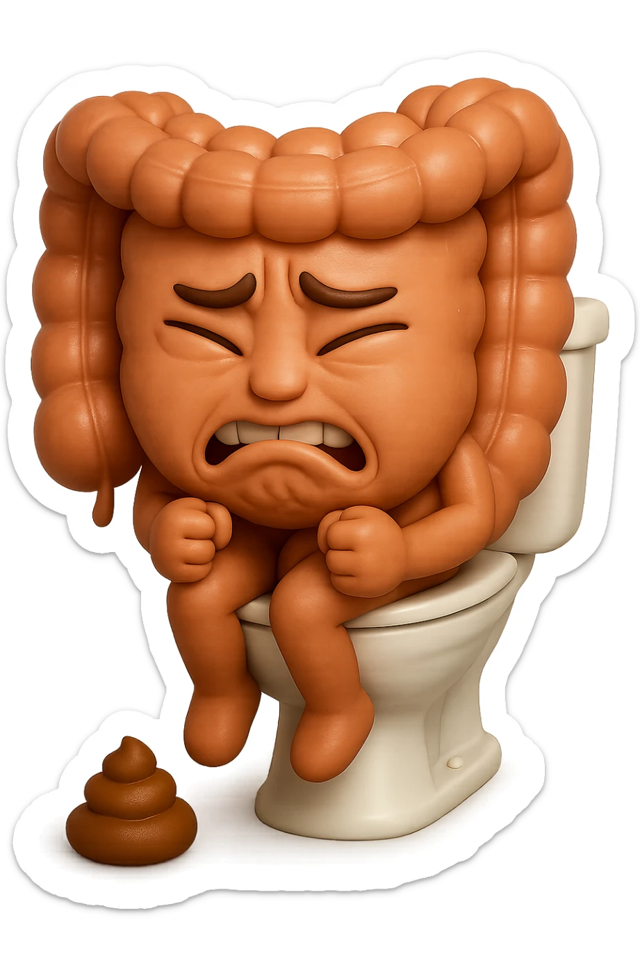 SU QUESTO STILE FAI UN EMOJI STILE IPHONE 3D DI UN INTESTINO CHE sta seduto sul wc e davanti ha una montagnetta di feci a palline stile emoji iphone, fallo senza naso e FAGLI UN ESPRESSIONE di dolore mentre si sforza E FALLO MOLTO REALISTICO IN 3D sticker