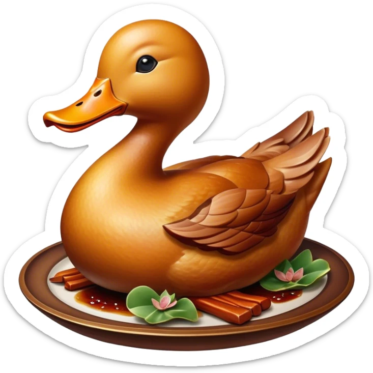 Cinematic Realistic Peking Duck Dish Emoji, depicted with crispy, roasted duck with glistening skin and succulent meat, rendered with rich textures and dramatic, appetizing lighting. sticker